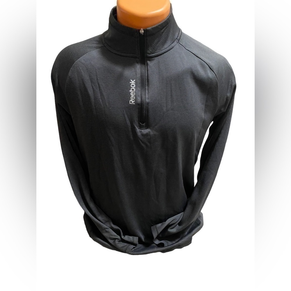 REEBOK Mens Golf Shirt Long Sleeve Quarter Zip Gray Striped High/ Mick Neck Sz M